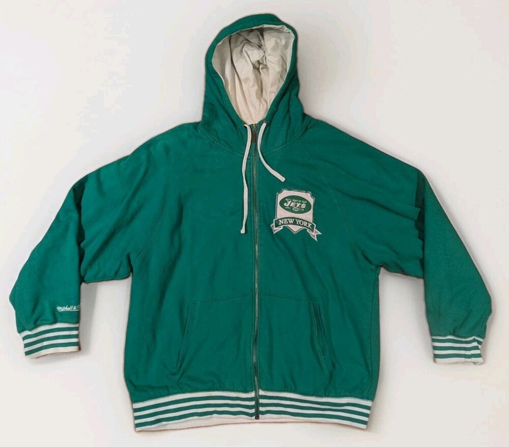 Mitchell & Ness NY Jets Throwback Hoodie Mens XL Green Full Zip NFL Embroidered